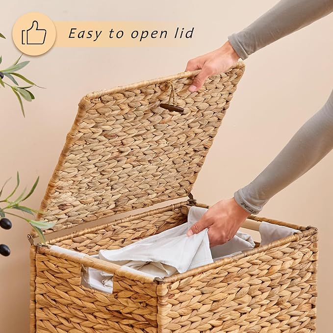 Handwoven Laundry Hamper with Lid, Natural Hyacinth Heightened Feet Laundry Basket, Wicker Clothes Hamper with Removable Liner Bag (Natural, 90L)