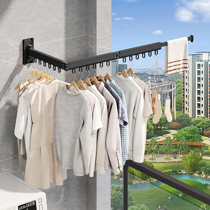 Wall Mounted Clothes Drying Rack, Collapsible Laundry Drying Rack, Retractable Foldable Drying Rack Clothing for Hanging Clothes,Black-Rings