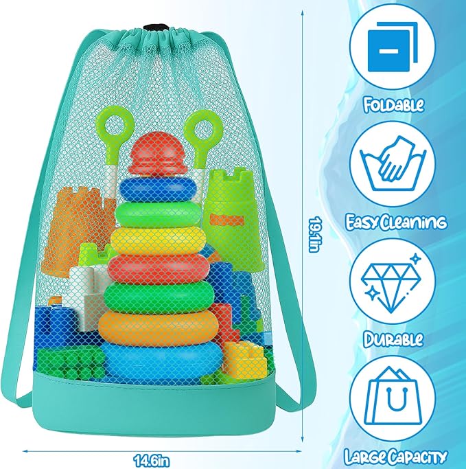 Palksky Large Mesh Beach Bag for Kids,3Pack Drawstring Sand Beach Toy Bag, Mesh Backpack for Beach, Shell Bags for Beach, Toddler Beach Essentials, Toy Not Included