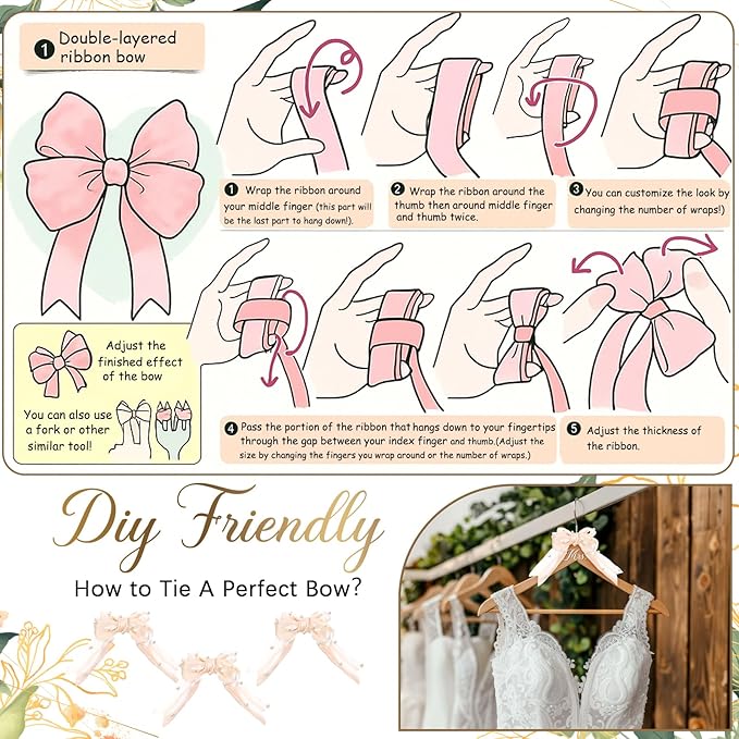 Geelin 8 Pcs Bride Dress Hanger and Bridesmaid Hangers for Wedding Ribbon Bow Pearl Elegant Wooden Mrs. Hangers for Bridal Keepsake Bridal Shower Wedding Day Gift