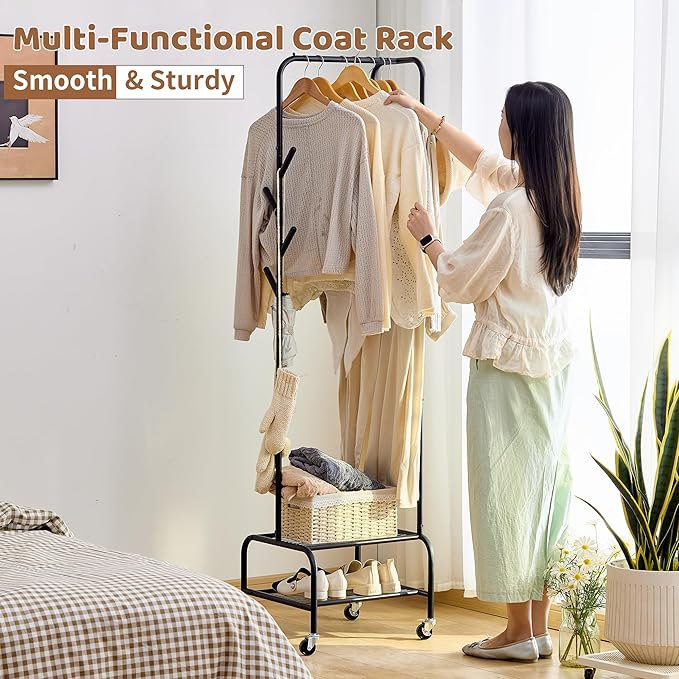 FILWH Rolling Coat Rack with Storage Shelf Freestanding Coat Rack Hall Tree with 6 Hooks for Entryway, Bedroom Metal Clothes Hanger Stand for Hats, Jackets, Bags,Shoes (Black, Double-layer)