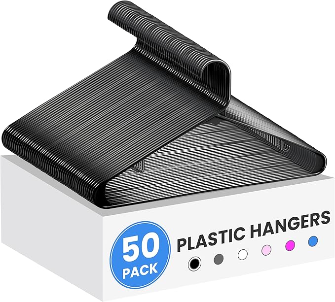 InfiniPower 50 Pack Plastic Hangers with Hooks, Durable, Space Saving Clothes Hangers with Non-Slip Hooks for Shirts, Coats, Dresses, Black