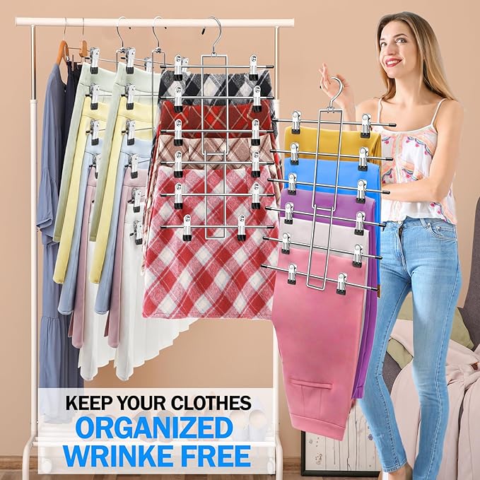 3 Pack Closet Organizers and Storage,6 Tiers Skirt Pants Hangers with Clips Space Saving for Home Organization and Storage,College Dorm Room Essentials for Girls Guys,Wardrobe Clothes Organizer