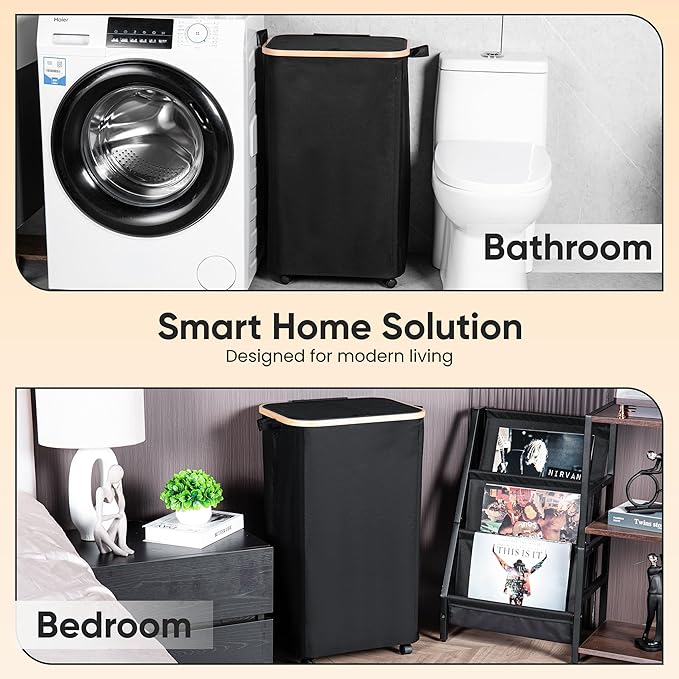 Laundry basket with Wheels | 26 Gal (100L) Laundry Hamper with Wheels and Lid | Covered laundry hamper | Bedroom hamper | clothes hamper-black