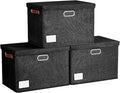 15" Large Collapsible Storage Bins with Lids, Stackable Closet Organizers with PU Handle and Labels, 3-Pack Decorative Fabric Storage Boxes for Home, Bedroom, Closet, Office, Nursery(Black)