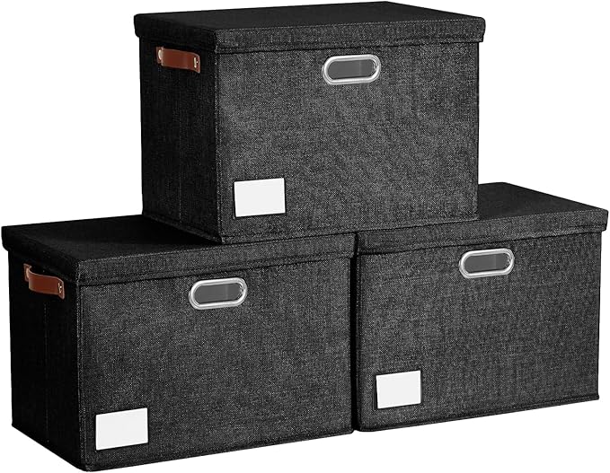 15" Large Collapsible Storage Bins with Lids, Stackable Closet Organizers with PU Handle and Labels, 3-Pack Decorative Fabric Storage Boxes for Home, Bedroom, Closet, Office, Nursery(Black)