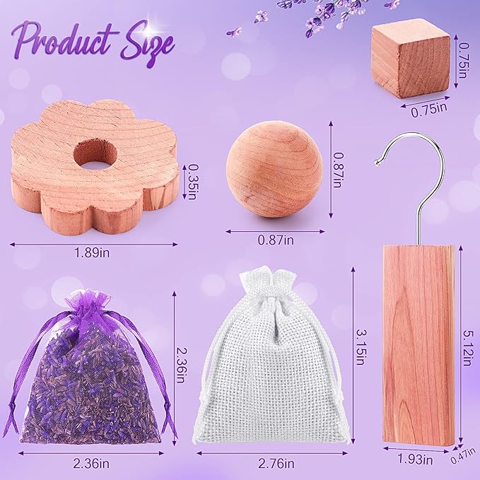 Demissle 120 Pieces Cedar Blocks for Clothes Storage Includes Cubes, Balls, Rings, Pendants, Pouches, Lavender Sachets for Closets and Drawers, Fresh Scented Sachets