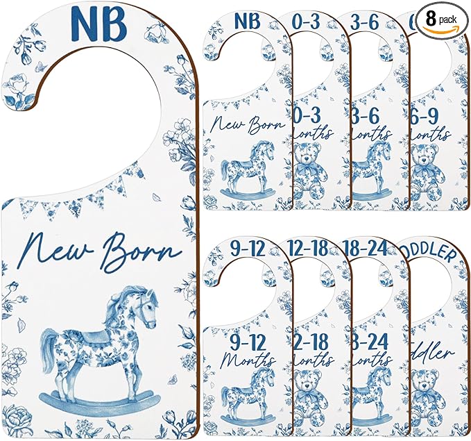 Baby Closet Dividers 8PCS, Blue Toile Themed Wooden Double-Sided Clothes Size Hanger/Organizer from Newborn to Toddler for Nursery Decor Baby Shower Birthday Gender Reveal Party Gift