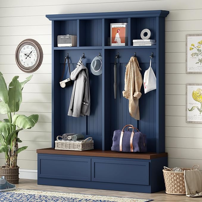 Hall Tree with Storage Bench, Farmhouse 4-in-1 Hall Tree with Wood Grain Bench, 2 Large Drawers, 6 Black Hooks, 4 Storage Compartments, Mudroom Versatile Coat Rack for Hallway, Living Room