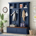 Hall Tree with Storage Bench, Farmhouse 4-in-1 Hall Tree with Wood Grain Bench, 2 Large Drawers, 6 Black Hooks, 4 Storage Compartments, Mudroom Versatile Coat Rack for Hallway, Living Room