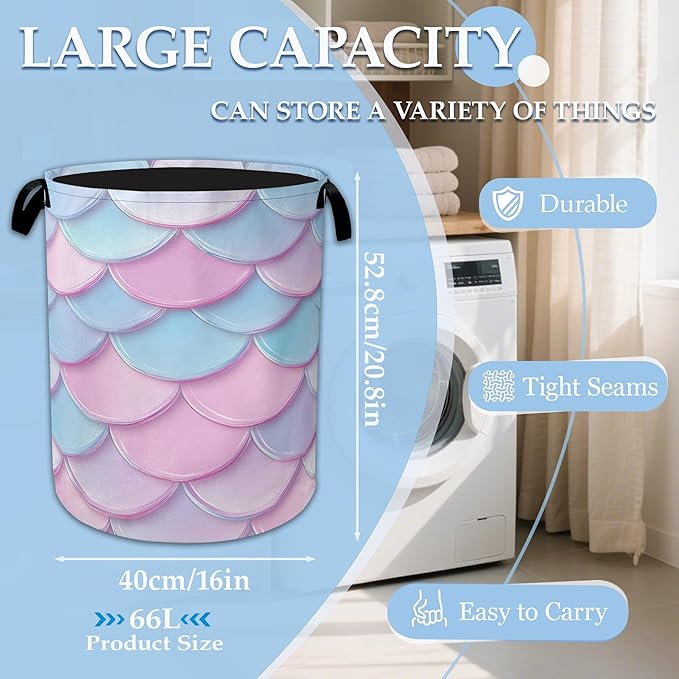 Mermaid Scale Laundry Basket Collapsible Laundry Hamper Oxford Storage Bin for Clothes Storage, Toy Organizer, Books and Sundries 16" X 20.8"