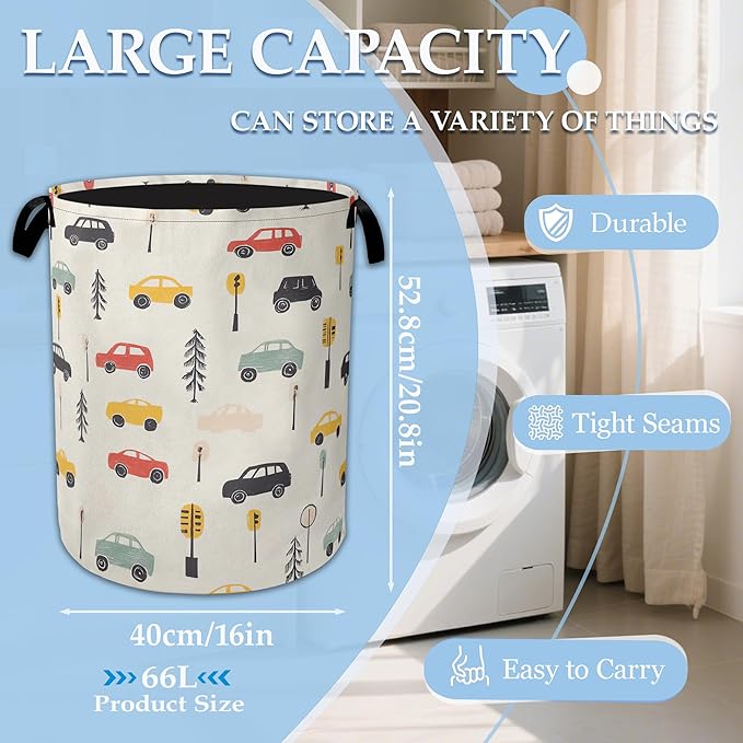 Cartoon Car Laundry Basket Collapsible Laundry Hamper Oxford Clothes Toy Storage Bin for Bathroom Bedroom Room Decor 16 X 20.8 Inch