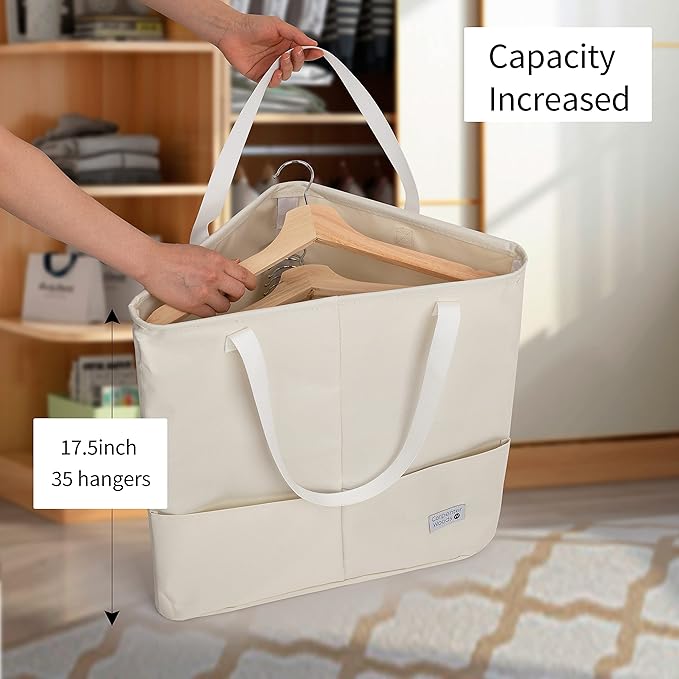 Clothes Hanger Organizer Bag with Handles, Hanger Holder, Hanger Storage, Hanger Stacker, Hanger Caddy, Closet Laundry Hamper Corner Bathroom Organizer Triangle storage (Beige White)