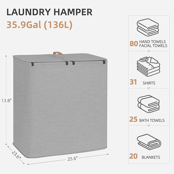 STORAGE MANIAC Double Laundry Hamper, 136L Laundry Sorter with Lid and Removable Bags, Clothes Hamper, Large 2 Section Clothes Basket with Handles for Small Space, Dorm, Closet, Bathroom, Gray
