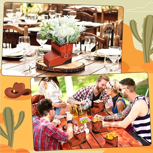 24 Pcs Cowboy Boots Paper Boxes Western Theme Party Decorations Favors Wild West Popcorn Boxes Boot Shape Bag for Cowboy Birthday Bachelorette Baby Shower Party Supplies(Brown)