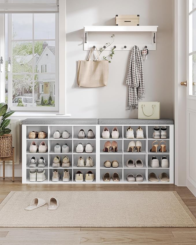 Shoe Storage Bench with Cushion, Entryway Storage Bench with 24 Cubbies, 9.5" Widened Organizer Cabinet, Long Cubby Rack for Living Room, Bedroom, Entryway, White SB32403GY