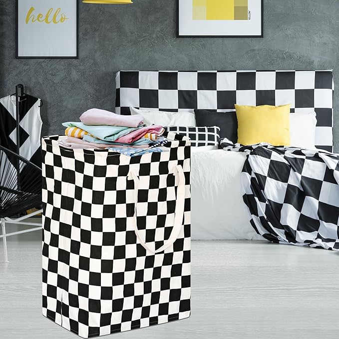 Checkered Laundry Basket Foldable Kids Hamper Storage Bins Women Waterproof Organizer Toy Box Large Canvas for Home/Dorm/Kitchen/Pet/Office/Closet/Shelf/Living Room Decor Baskets