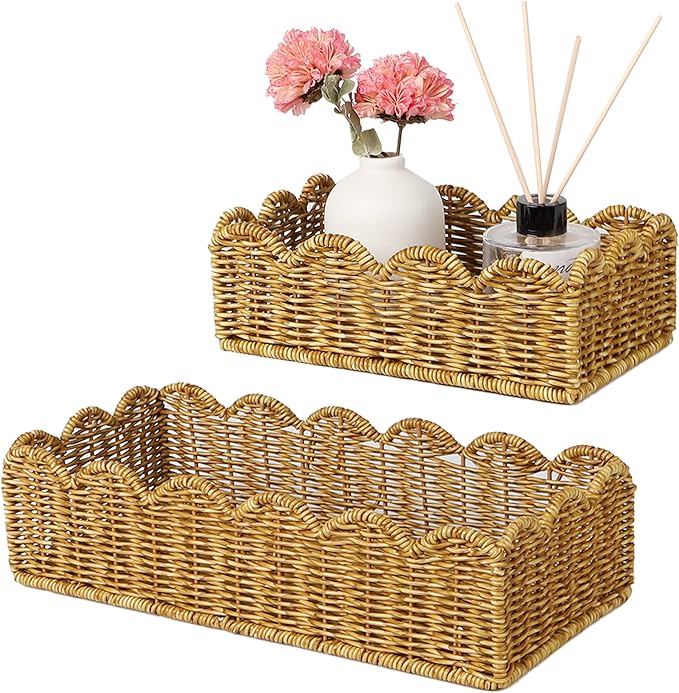 Scalloped Toilet Paper Basket - Resin Wicker Water-Resistant Storage Toilet Tank Topper Boho Style Set of 2