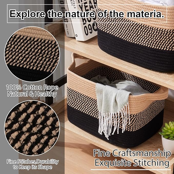 OIAHOMY Woven Storage Basket for Shelves, Rectangle Cotton Rope Baskets for Organizing, 13 x 10 x 9 in, Storage Bins for Dog Toys,Towel,Books,Gift,Gradient Black Brown