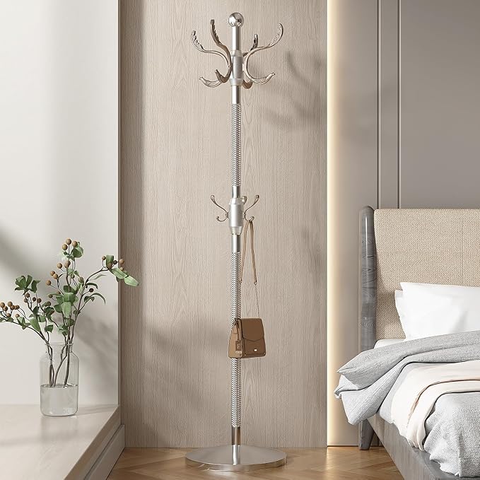 Metal Coat Rack Stand Coat Rack Freestanding with 12 Hooks Sturdy Heavy Duty Modern Coats Tree for Bag Clothes Hall Tree Hats Hanger Holder Stand for Entryway Bedroom Hallway Office,Silver Cyan