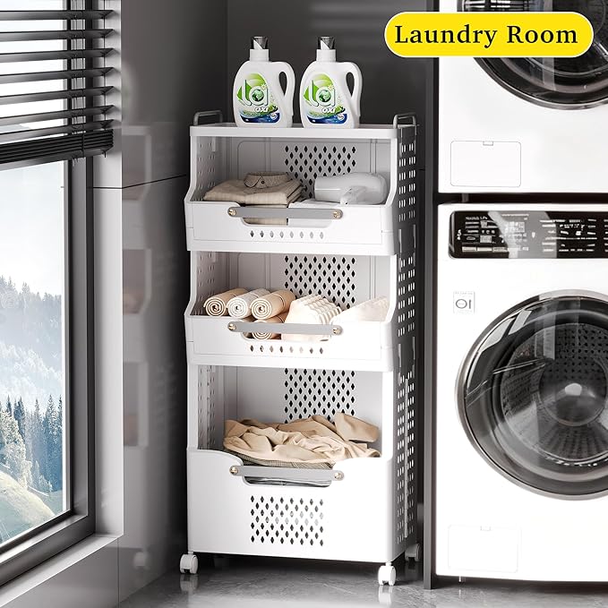 Laundry Basket with Wheels,Folding Laundry Hamper,utility cart,Kitchen storage Cart,Stackable Laundry Basket Holder,Rolling Dirty Clothes Hamper,Plastic laundry room organization (3 Large-Tier)