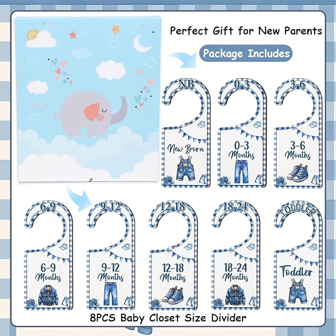 Baby Closet Dividers 8PCS, Denim Themed Wooden Double-Sided Clothes Size Hanger/Organizer from Newborn to Toddler, Blue Jean Nursery Decor Baby Shower Birthday Gender Reveal Party Gift