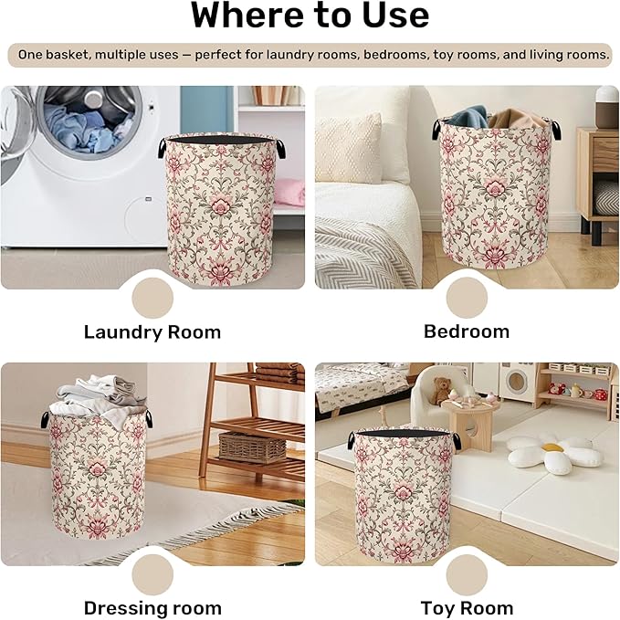 Vintage Floral Patterns Laundry Basket - Heavy Duty 60L Dirty Clothes Organizer, Water Resistant Foldable Hamper for Men Women