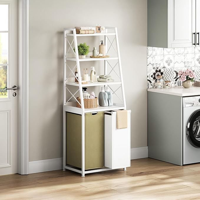 Laundry Basket, 2 Section Laundry Hamper with 4 Tiers Shelf, Pull-Out and Removable Laundry Bags, Large 2 x 15.87 Gallons, for Bedroom Bathroom White PF11XLE
