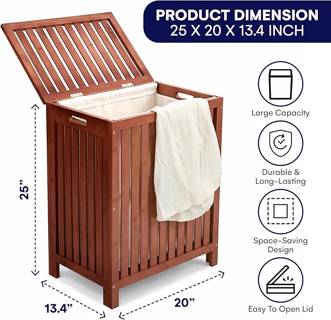 2LB Depot Bamboo Laundry Hamper - Dark Brown Organizer with Lid - Solid Wood Construction with Canvas Liner and Wooden Rods - Hand Grips for Portability - Stylish and Durable Laundry Basket -78L