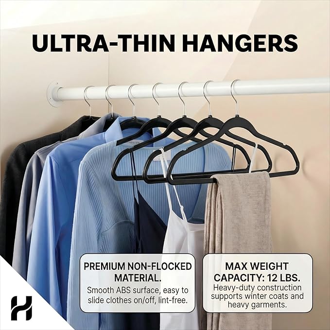 HOUSE DAY Black Plastic Hangers 20 Pack - Heavy Duty Non-Velvet Hangers with 360° Swivel Chrome Hook & Non Slip Notches - Slim Space Saving Clothes Hangers Ideal for Dresses Coats Shirts Jackets
