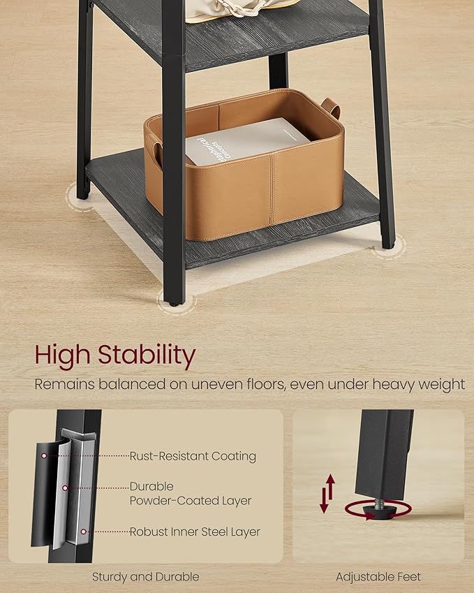 VASAGLE Coat Rack, Coat Stand with 3 Shelves, Hall Tree Free Standing with Hooks for Scarves, Bags, Umbrellas, Steel Frame, Industrial Style, for Entryway, Living Room, Charcoal Gray ULCR080B03