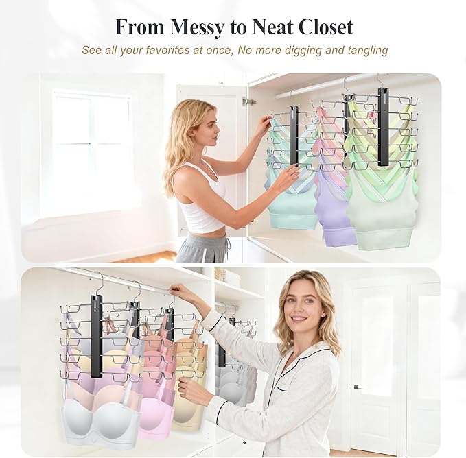 HOUSE DAY Tank Top Hanger, Dual-Row 5 Tier Space Saving Bra Hanger, Premium Lotus Wood Non-Slip Hangers with 360° Swivel Hooks, Closet Organizer for Sports Bras & Tank Tops, Cami (Black 2 Pack)