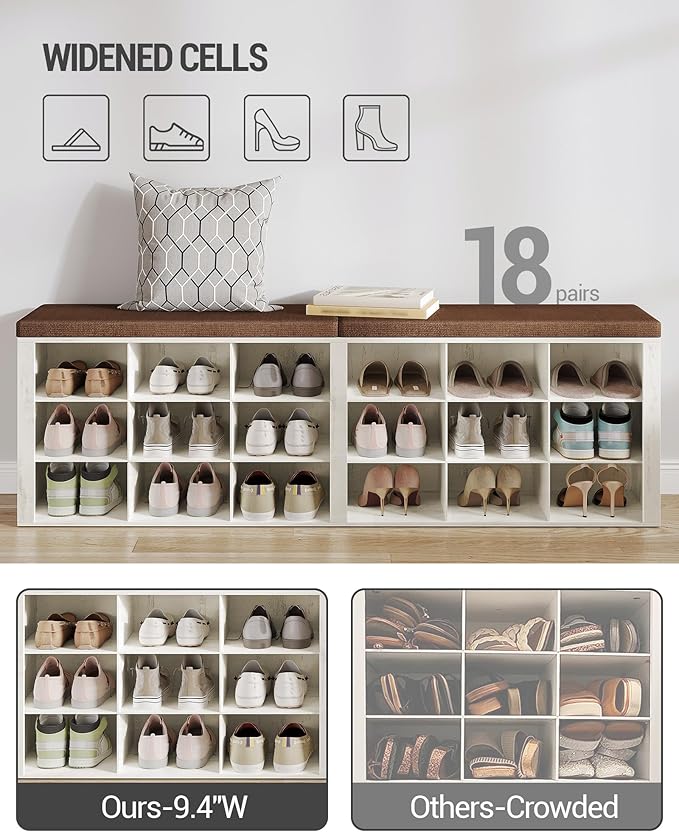 Shoe Storage Bench with Cushion, Entryway Storage Bench with 18 Cubbies, 9.5" Widened Organizer Cabinet, Long Cubby Rack for Living Room, Bedroom, Entryway, White and Brown SB25714KA