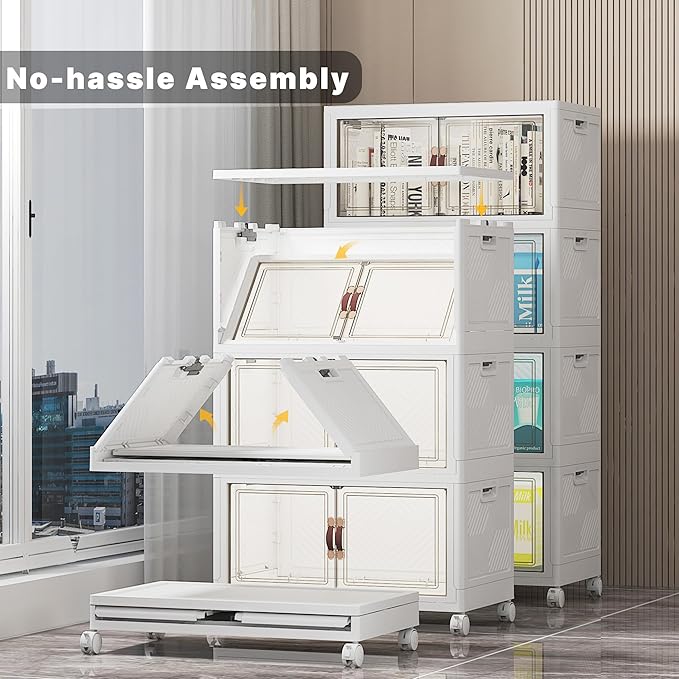 Extra Large Stackable Storage Bins, Lockable Storage Bins with Lids, Folding Storage box with Doors and Wheels, Collapsible Plastic Drawers for Home, Garage, Office (4, White, Medium)