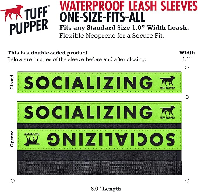 Tuff Pupper Waterproof Leash Sleeve | Fits Any Standard Size 1 Inch Wide Leash | Dual Sided Message | Durable Neoprene & Silicone | Odor & Stink Proof | Easy Secure On & Off (2 Pack, Socializing)
