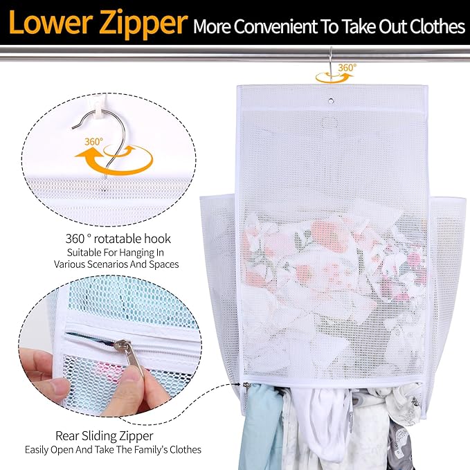 Hanging Collapsible Breathable Mesh Laundry Hamper, White, 24 x 14.2 x 7.5 in