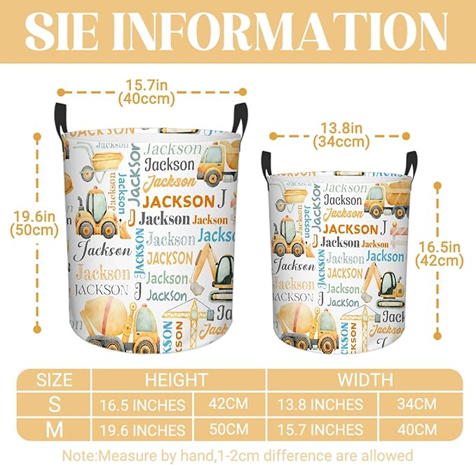 Personalized Construction Truck Laundry Basket, Custom Laundry Hamper With Name Gifts For Kids Baby Adults, Collapsible Dirty Clothes Storage Organizer With Handles M 19.6 X 15.7in