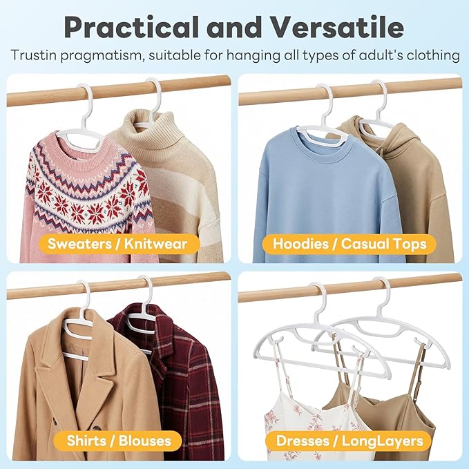 HOUSE DAY Plastic Clothes Hangers 24 Pack, Sweater Hangers No Shoulder Bump, Thick Heavy Duty Coat Hanger for Closet, White Wide Hanger with Non-Slip Hook for Sweaters, Suits, Dresses, Jackets, Pants