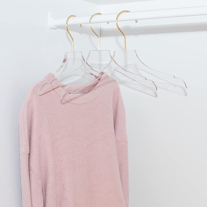 HomeCube USA Clear Acrylic Clothes Hanger with Gold Hooks – Heavy Duty Lucite Closet Organizer, Elegant & Sturdy for Shirts, Dresses, Coats, Suits & Boutique Use (20, Small 13")