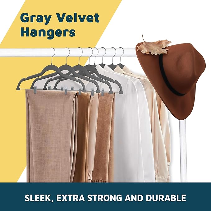 Lifemaster Velvet Skirt Hangers – with Adjustable Clips, 360 Degree Swivel Hook, and Non-Slip Shoulder Notch, Holds Up to 10 lbs, for Organizing Skirt, Pants, Dress, and Clothes, Pack of 10, Gray
