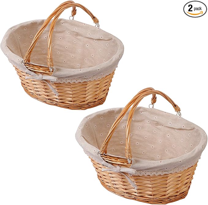 KINJOEK 2 Packs Wicker Woven Basket, 13" x 9" x 4.8" Multipurpose Natural Willow Basket with Handle Premium Linen Cotton Cloth Lining for Storage and Decoration, Natural