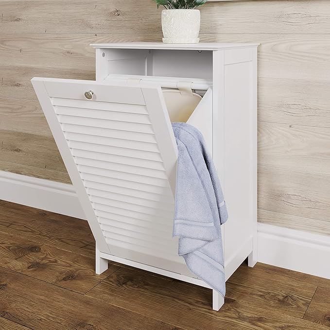 RiverRidge Ellsworth Laundry Cabinet with Tilt-Out Door, Removable Cloth Bag, Shutter Design & Polished Silver Knob Laundry Room Storage Cabinet.