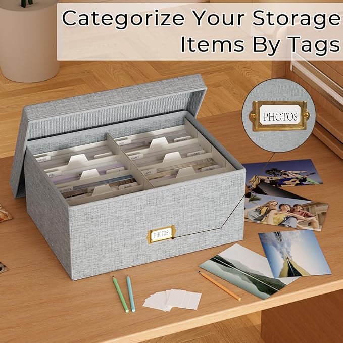Decorative Photo Storage Box - Linen Photo Box Organizer with Dividers, Fits Holds Up to 1700 Pictures and 5x7 Photos, Memory Keepsake Organizer for Photos, Scrapbook Supplies, Cards, Stamps (Grey)