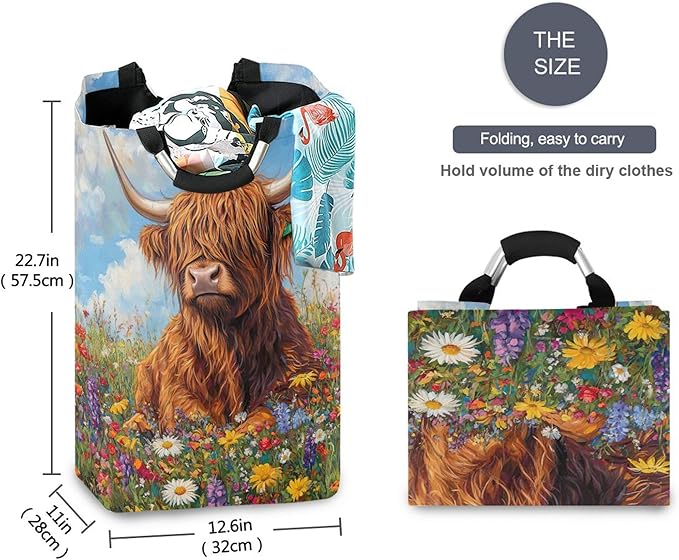 xigua Highland Cow Large Laundry Hamper with Handle, Foldable Clothes Hamper Collapsible Storage Basket for Toys and Clothes Organization in Bedroom, Bathroom, and Laundry Room