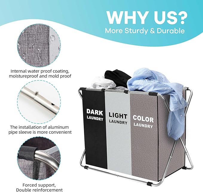 150L Laundry Cloth Hamper Sorter Basket Bin Foldable 3 Sections with stainless steel Frame Washing Storage Dirty Clothes Bag for Bathroom Bedroom Home Storage Basket (Black+Gray+Coffee)