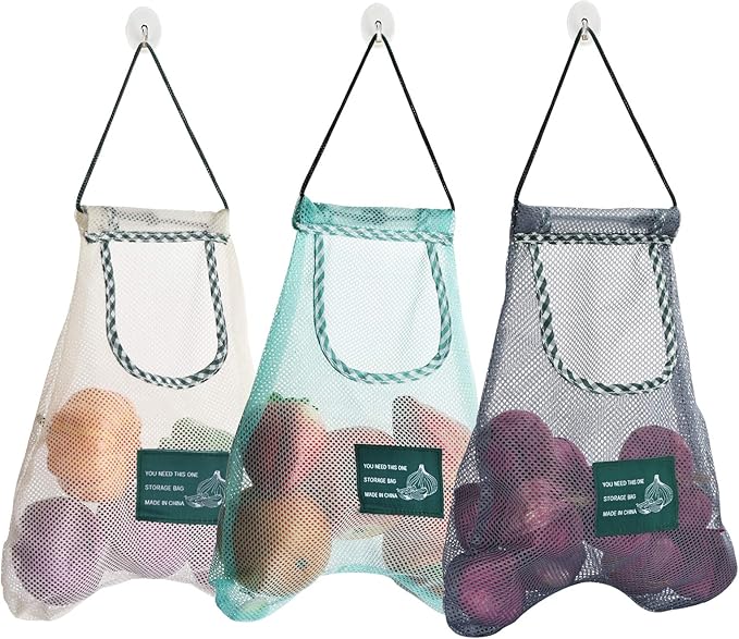 3PCS Reusable Mesh Bag, Portable Produce Bags, Washable Hanging Storage Bags, Organizer Shopping Handbag for Fruit, Garlics, Onions, Potatoes