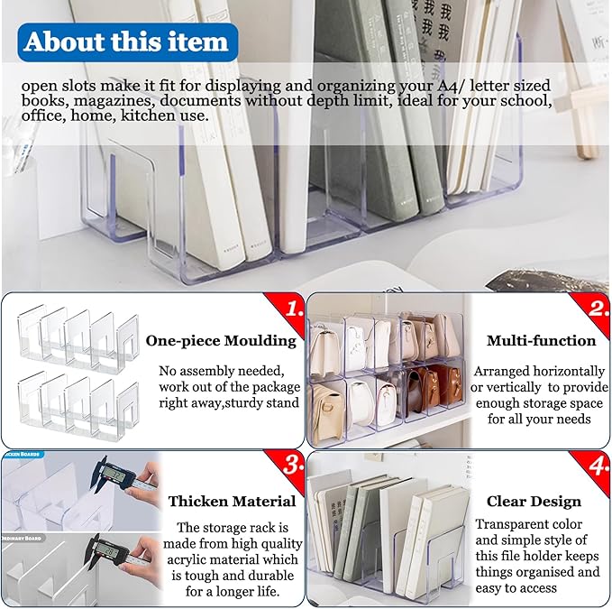 Lemical Clear Acrylic File Sorter 2 Pack Handbag Clutch Purse Organizer Acrylic Shelf Divider Drawer Organizers for Clothes Pouch Notebooks Stand Bookshelf Cooking Utensil (2Pack-4Sections)