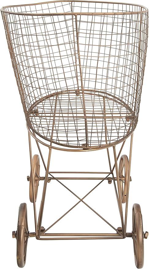Creative Co-Op Vintage Reproduction Decorative Metal Laundry Basket on Wheels, Copper