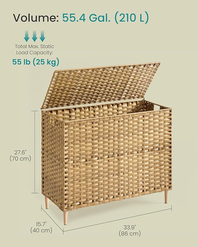 SONGMICS Laundry Hamper with Lid, 55.4 Gal. (210 L) PE Rattan Laundry Basket with Lid and Handles, Natural Material,Removable Machine Washable Liner, Goose Yellow ULCB224YE01