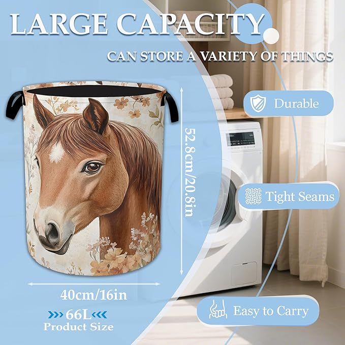 Horse Flowers Laundry Basket Collapsible Laundry Hamper Oxford Storage Bin for Clothes Storage, Toy Organizer, Books and Sundries 16" X 20.8"